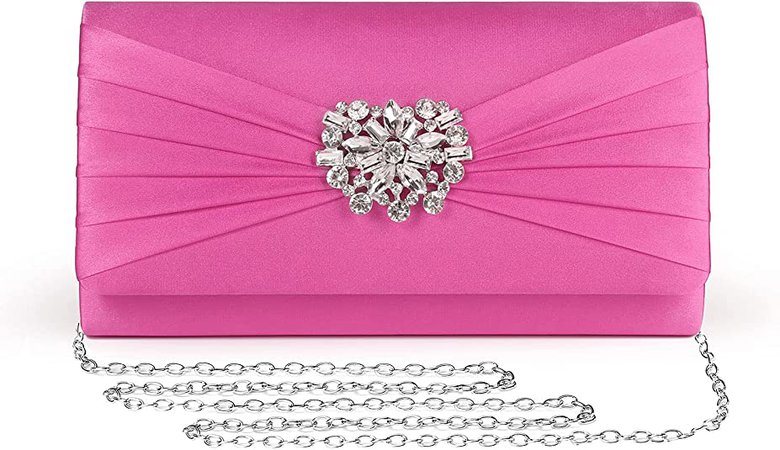 Mulian LilY M102 Evening Bags For Women Pleated Satin Rhinestone Brooch Prom Clutch Purse With Detachable Chain Strap Hot pink: Handbags: Amazon.com