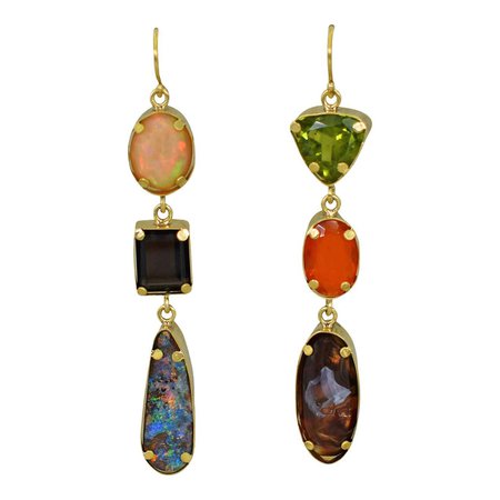 Opal, Agate and Peridot Multi-Gemstone 22 Karat Gold Dangle Earrings For Sale at 1stDibs