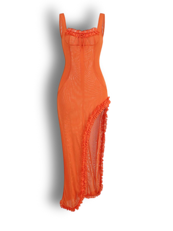 orange SEXY RUFFLE TRIM SQUARE NECK SLEEVELESS THIGH SPLIT SHEER MESH MAXI DRESS