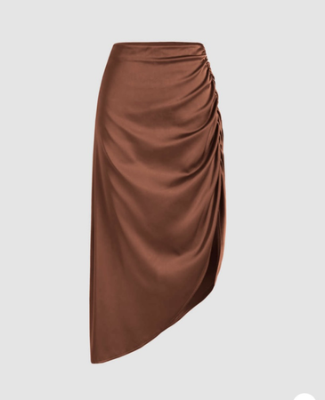 Solid brown ruched slit midi skirt