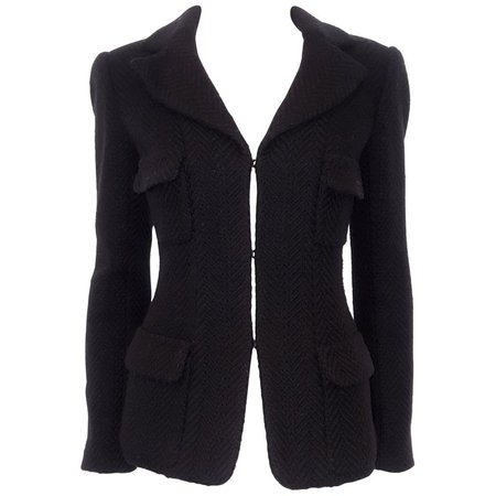 Chanel Black Herringbone Wool 2006 Fall Collection Jacket For Sale at 1stdibs