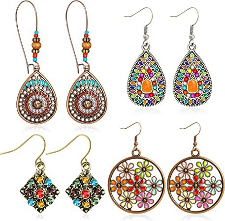 Amazon.com: 4 Pairs Bohemian Vintage Dangle Earrings Retro Rhinestone Earrings Boho Dangle Drop Earrings for Women Girls (Style A): Clothing, Shoes & Jewelry
