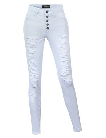 LE3NO Womens Stretchy High Rise Full Length Skinny Destroyed Denim Jeans | LE3NO white