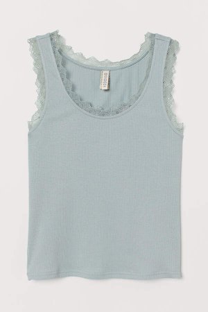 Ribbed Tank Top with Lace - Turquoise