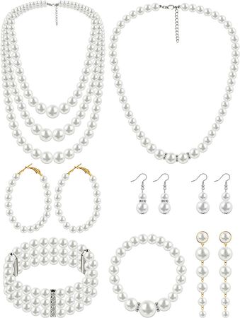 Amazon.com: 8 Pcs Pearl Necklace and Earrings Set for Women Girls, Includes Simulated Pearl Bracelet 3 Layer Faux Pearl Necklace Dangle Earrings Pearl Jewelry Set for Wedding Birthday Gifts: Clothing, Shoes & Jewelry