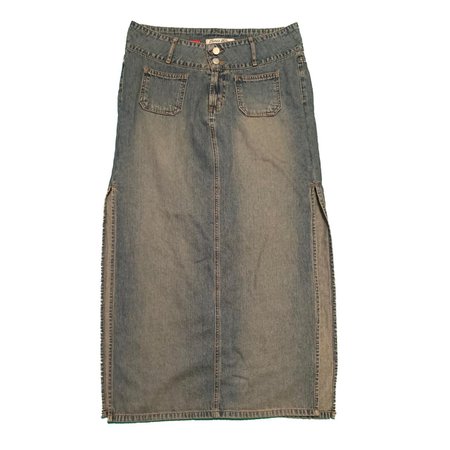Vintage Faded Long Denim Skirt with Slits on sides ... - Depop