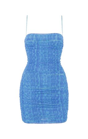 Clothing : Bodycon Dresses : 'Ella' Sky Blue Printed Ruched Organza Mesh Mini Dress