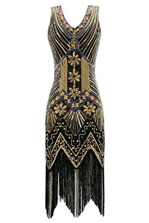 Metme Women's 1920s V Neck Beaded Fringed Gatsby Theme Flapper Dress for Prom at Amazon Women’s Clothing store: