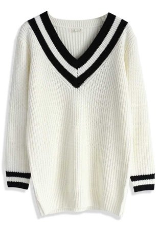 Contrast Deep V-Neck Sweater in White