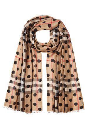 Dot Printed Check Scarf in Mulberry Silk and Wool Gr. One Size