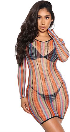Rainbow Fishnet Stretchy Swimsuit Cover Up Dress for Women Sexy Bikini Cover Up See Through Sheer Cover at Amazon Women’s Clothing store