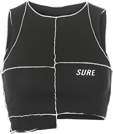 Women’s Color Block Patchwork Crop Top Sleeveless See Through Cami Irregular Hem Tank Vest at Amazon Women’s Clothing store