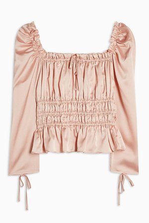 Nude Satin Ruched Prairie Blouse | Topshop