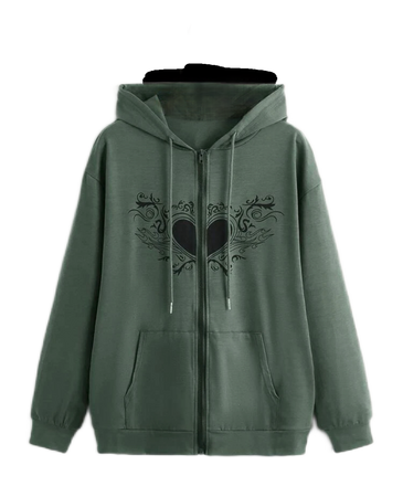 green and black heart hoodie zip up