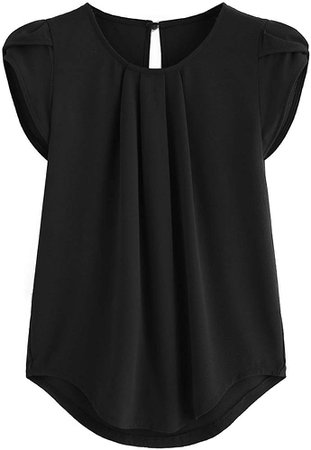 Milumia Women's Casual Round Neck Basic Pleated Top Cap Sleeve Curved Keyhole Back Blouse Black Medium at Amazon Women’s Clothing store