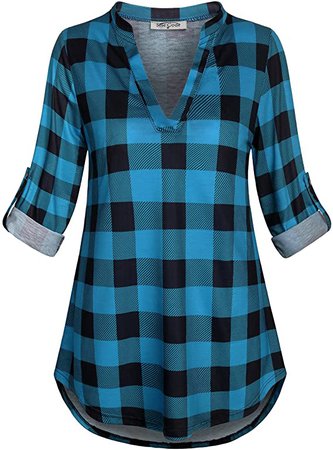 SeSe Code Womens 3/4 Roll Sleeve Shirt Notch Neck Loose Tops Plaid Tunic Blouse at Amazon Women’s Clothing store