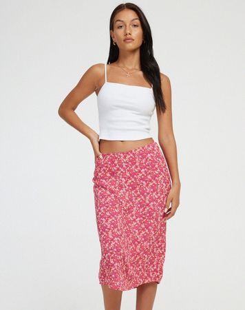 Pink Floral Print Midi Skirt | Harriet – motelrocks-com-us