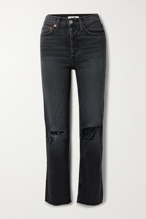 70s Stove Pipe Cropped Distressed High-rise Straight-leg Jeans - Black