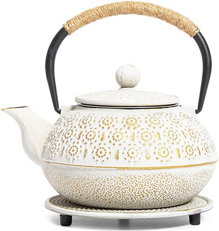 Amazon.com | White Cast Iron Japanese Teapot with Handle, Infuser, and Trivet (800 ml, 27 oz): Teapots