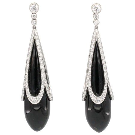 Tiffany and Co. Diamond Onyx and Platinum Drop Earrings For Sale at 1stDibs