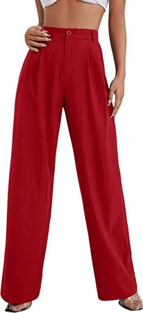 SweatyRocks Women's Casual Wide Leg High Waisted Botton Down Straight Long Trousers Pants Red M at Amazon Women’s Clothing store