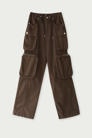 yuse cotton twill cargo string wide pants brown