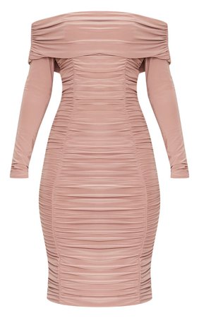 Rose Slinky Extreme Ruched Bardot Midi Dress | PrettyLittleThing USA