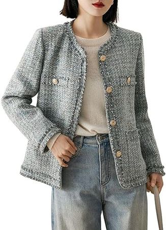 chouyatou Women's Elegant Houndstooth Tweed Jacket Button Down Fringed Tassel Blazer Jacket Coat at Amazon Women’s Clothing store