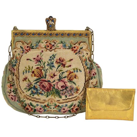 Jeweled Edwardian Trinity Plate Micro Needlepoint Reticule and Mirror, 1900s For Sale at 1stDibs