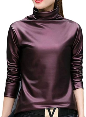 Gnao Women Slim Turtleneck Faux Leather Long Sleeve Blouse Top Shirt at Amazon Women’s Clothing store