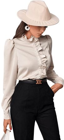 SweatyRocks Women's Elegant Ruffle Trim Long Sleeve Button Front Blouse Tops at Amazon Women’s Clothing store