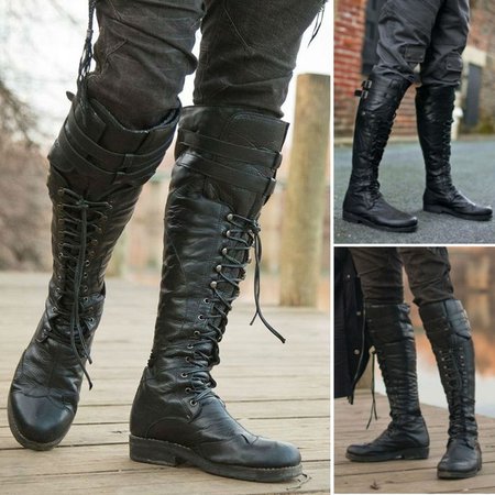 Men's Vintage Medieval Knee High Boots Cross Strap Lace Up Shoes Flat Cool Moto Boots Fall Winter Tall Renaissance Style Boots | Wish