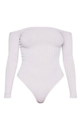 Grey Rib Bardot Long Sleeve Bodysuit | Tops | PrettyLittleThing