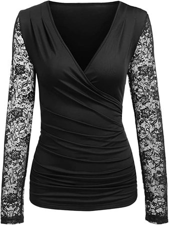 ThinIce Women's Deep V Neck Wrap Tops Velvet Fitted Long Sleeve Drape Blouse Blue XL at Amazon Women’s Clothing store