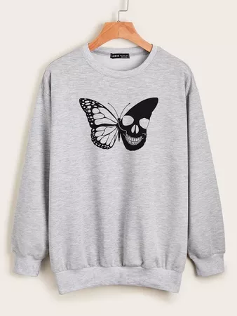 Butterfly & Skull Print Sweatshirt | SHEIN USA grey