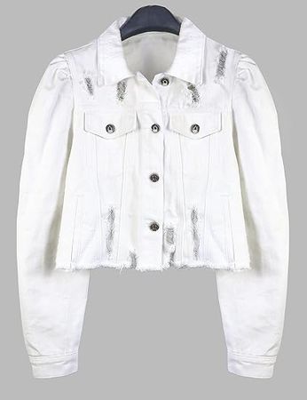 Omoone Women's Ripped Puff Sleeve Denim Crop Top Long-Sleeve Cropped Jean Jacket at Amazon Women's Coats Shop