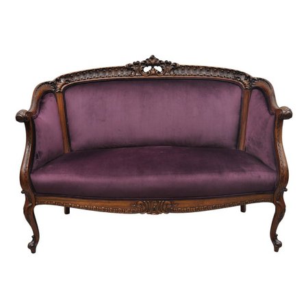 Antique French Louis XV Rococo Victorian Carved Mahogany Purple Loveseat Settee | Chairish