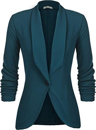 Beyove Women's 3/4 Stretchy Ruched Sleeve Open Front Lightweight Work Office Blazer Jacket Dark Green L at Amazon Women’s Clothing store