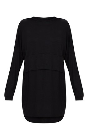 Black Long Sleeve Layer Jersey T Shirt Dress | PrettyLittleThing USA