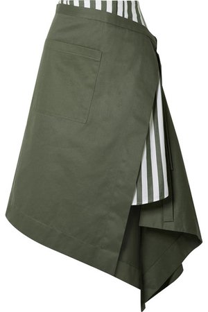 MONSE Asymmetric wrap-effect striped voile and cotton-drill midi skirt