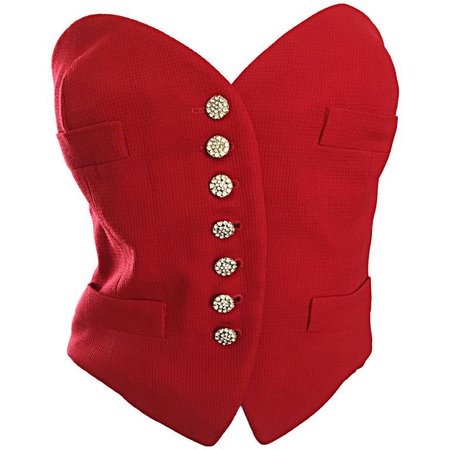 Rare Vintage Moschino Couture Red ' Heart ' Bustier Top w/ Rhinestone Buttons For Sale at 1stdibs
