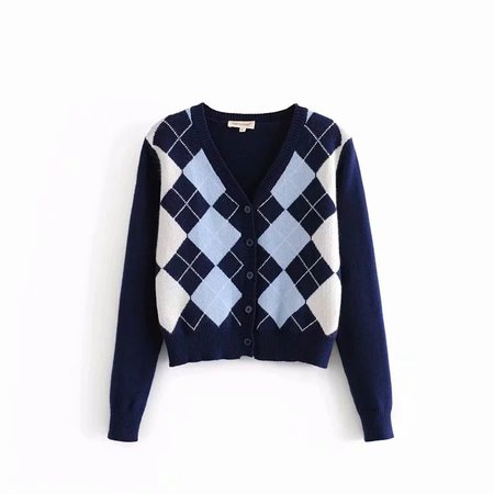 Vintage V-neck rhombus plaid sweater women's long-sleeved short cardigan · loveheynew · Online Store Powered by Storenvy