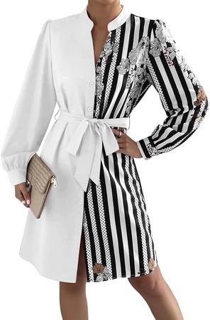 Womens Shirt Dress Casual Long Sleeve Button Down Dress Striped & Graffiti Color Blocking Midi Dresses with Belt at Amazon Women’s Clothing store