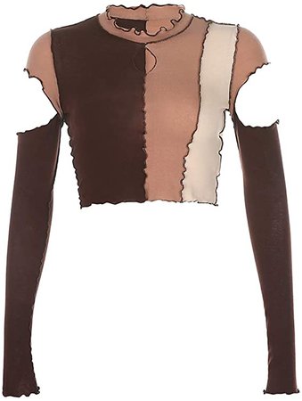 Womens Color Block Patchwork Crop Top Long Sleeve T-Shirt E-Girl Stripe Ribbed Knit Pullover Y2k Blouse Tee (O-Brown, S) at Amazon Women’s Clothing store