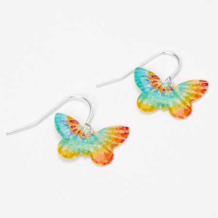 Silver 0.5" Tie Dye Butterfly Drop Earrings | Claire's US