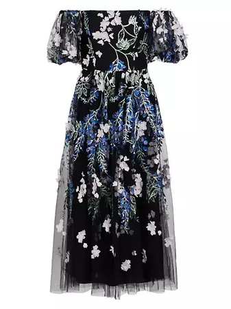 Shop Marchesa Notte Floral Off-The-Shoulder Midi-Dress | Saks Fifth Avenue