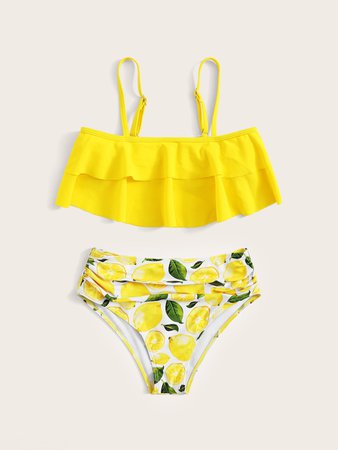 Girls Tiered Layer Top With Lemon Ruched Bikini | SHEIN