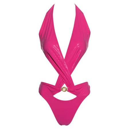 Versace hot glitter pink bandage halter neck bodysuit bath suit, c. 2000's swimsuit