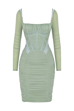Clothing : Midi Dresses : 'Freyja' Green Gathered Corset Midi Dress