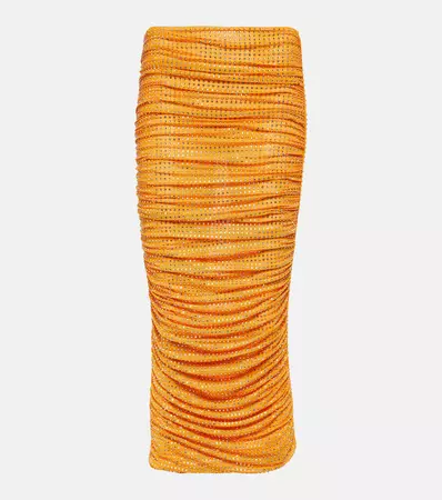 Embellished Ruched Midi Skirt in Orange - Self Portrait | Mytheresa